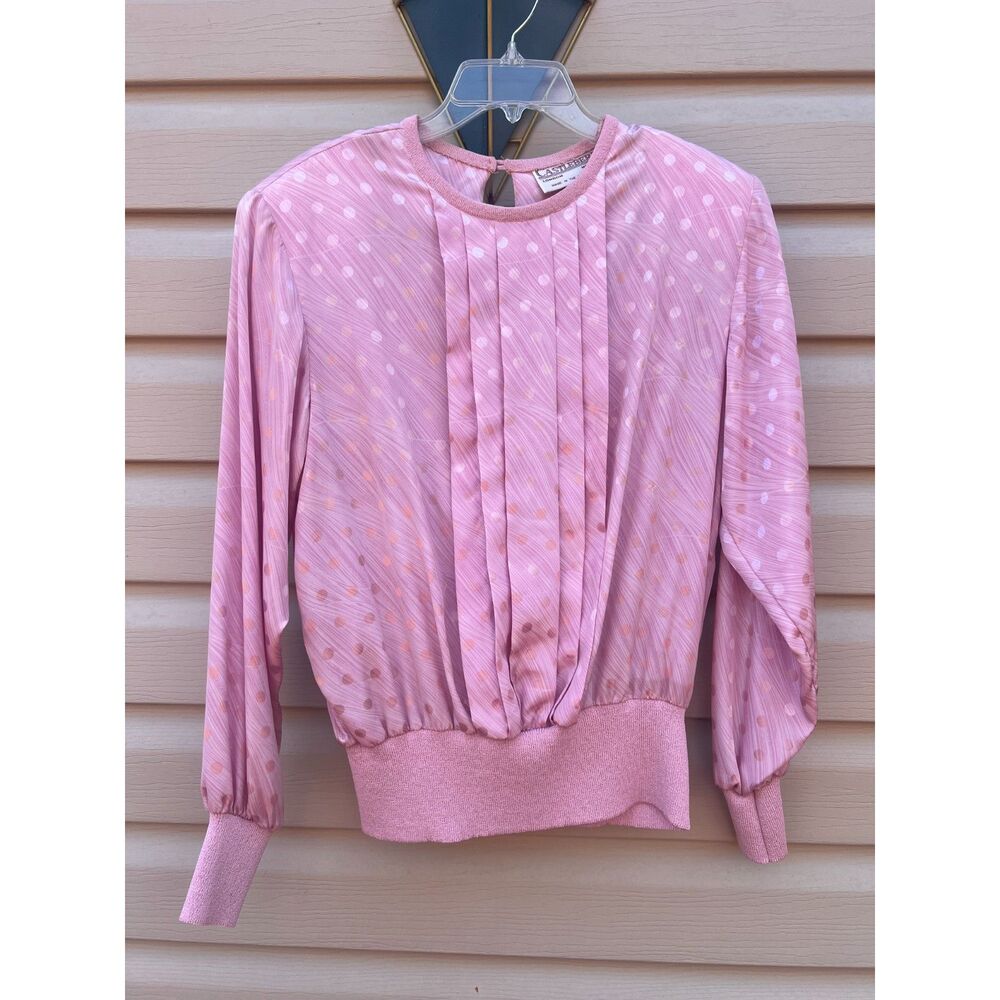 Vintage Castleberry Pink Polka Dot Pleated Long Sleeve Blouse Womens Size 14
